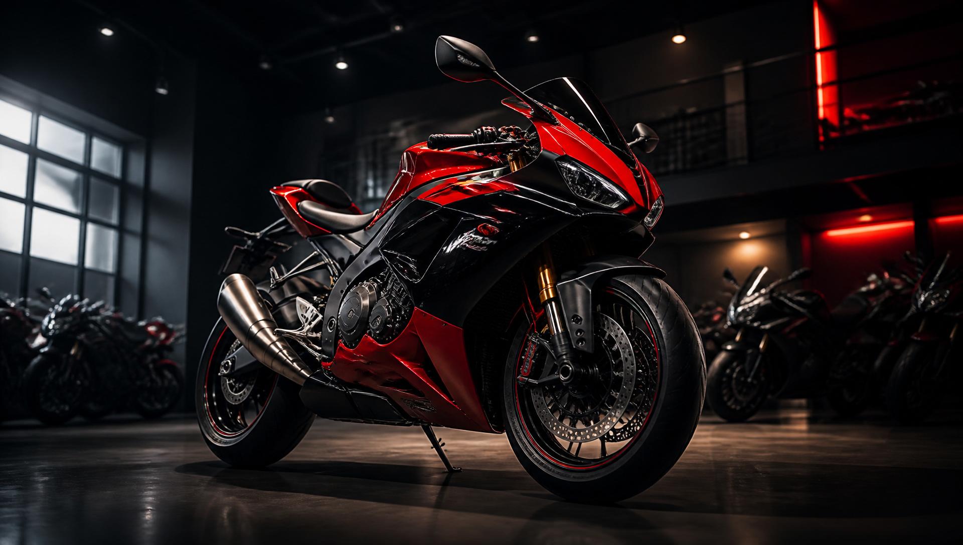 Moto esportiva vermelha e preta em showroom Edu Motos